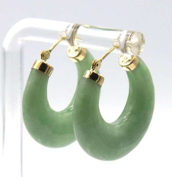 14kt Yellow gold Green Jade hoop earrings