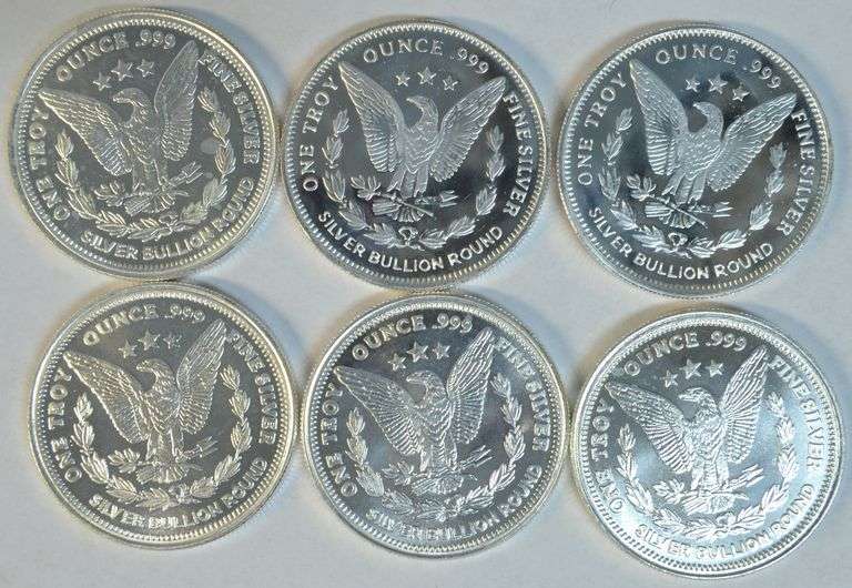 6 Gem Prooflike Morgan Silver Dollar design 1 Troy Oz pure .999 fine
