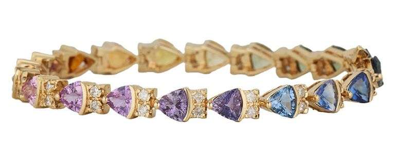 11.0ctw Trillion Cut Multi Color Sapphire and 1.20ctw Diamond Tennis Bracelet in 14K