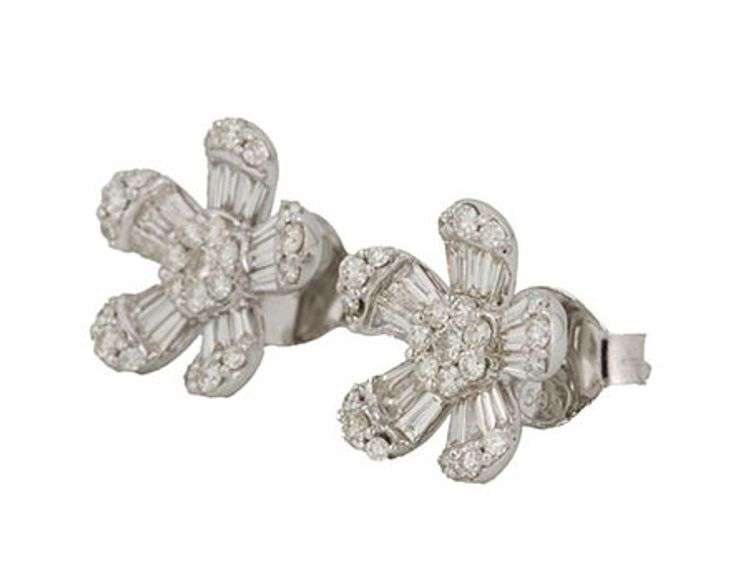 New 0.90ctw Round and Tapered Baguette Flower Stud Earrings in 14K
