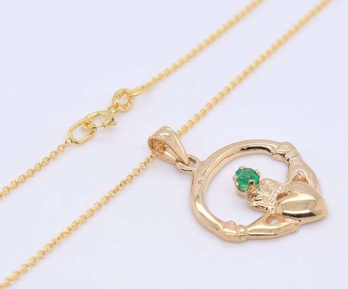 14kt Yellow Gold Emerald Claddagh Pendant on Chain