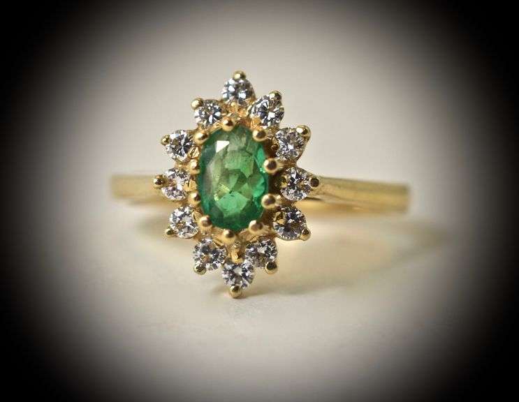Classic 14K Yellow Gold Emerald and Diamond Ring