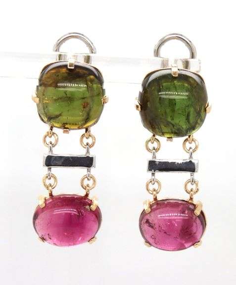14kt Yellow gold Green and pink tourmaline cab earrings