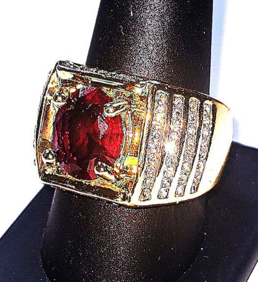 Impressive Mens 14 Kt Yellow Gold Plated 4.5 Ct Lab Simulated Ruby Diamond Ring