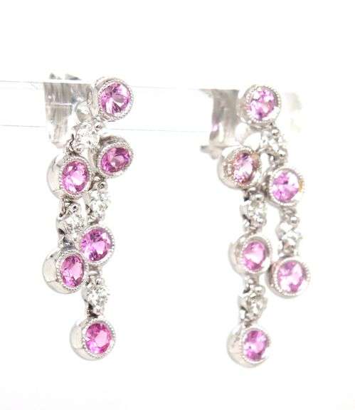 14kt White gold bezel set pink sapphire and diamond drop dangle earrings