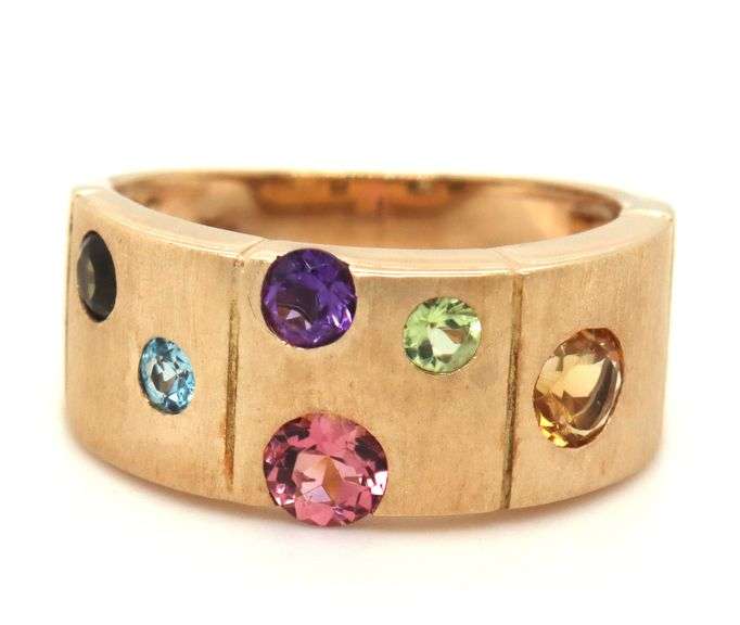 14kt Yellow gold Brushed finish multi stone scatter band