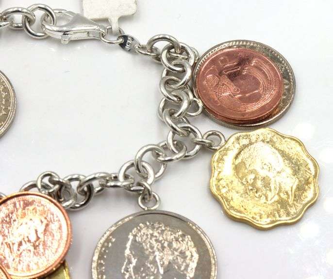 Italian 925 Sterling Silver Link Brcelet with Around The World Coin Charms