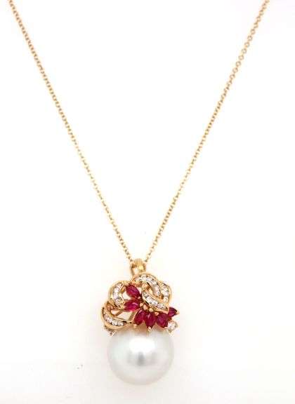 18kt Yellow gold 12.5mm South Sea pearl, ruby and diamond enhancer pendant on chain