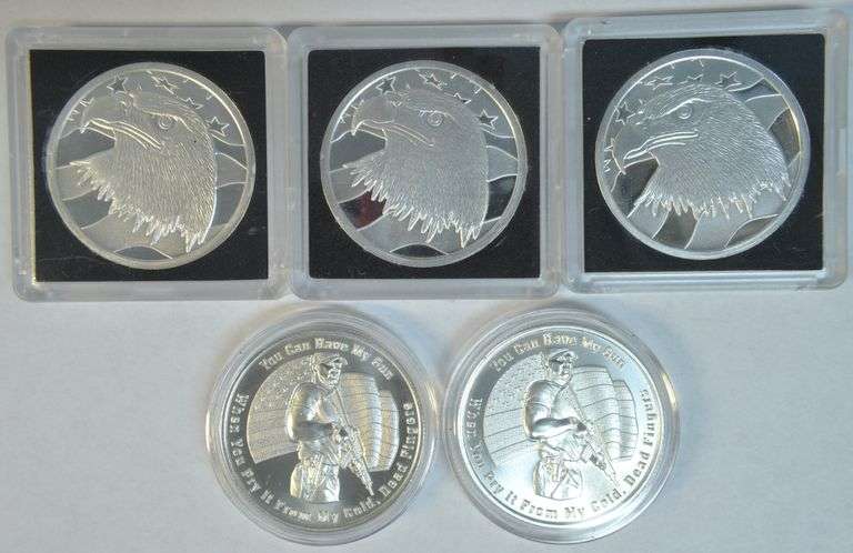 5 Impressive 1 Troy Oz pure .999 Silver Medallions in holders