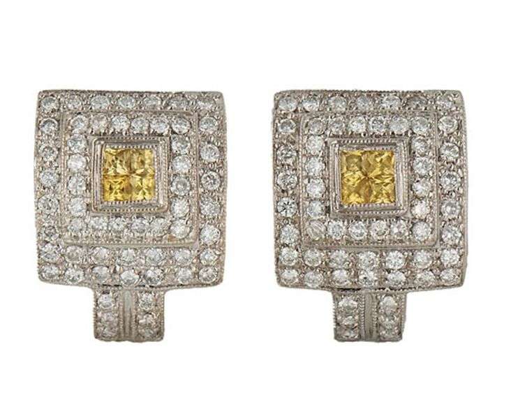 0.50ctw Princess Cut Yellow Sapphire and 1.50ctw Diamond Double Frame Earrings in 18K