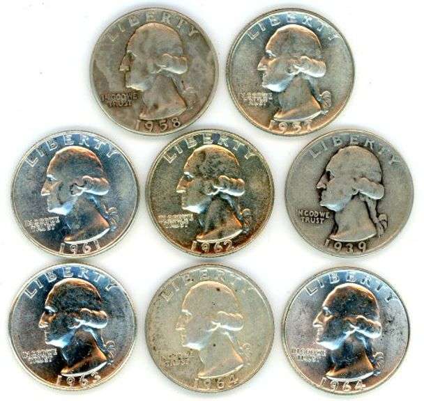 8 Different Silver Washington Quarters: 1939-1964