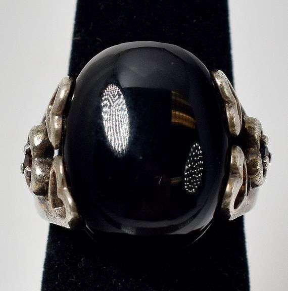Black Onyx and Red Garnet Gemstone Ring in Sterling Silver