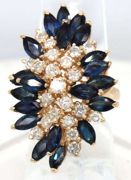 14kt Yellow gold 5.50ctw sapphire and 1ctw diamond cluster ring