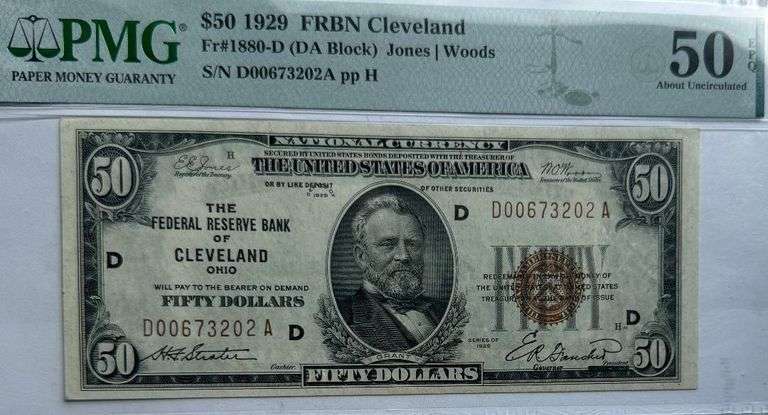 $50 1929 Cleveland National Series 1929 PMG AU 50 EPQ Note