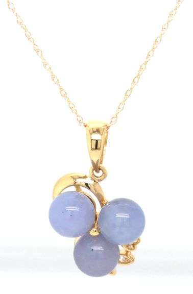 14kt Yellow gold Purple Jade and diamond accent 3 stone pendant on chain