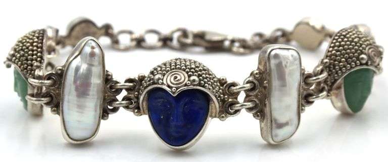 925 Vintage Sajen Sterling Silver Carved Buddha Head Bracelet