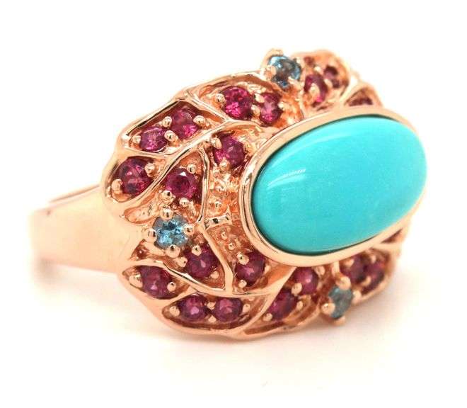 14kt Yellow gold East West oval turquise and tourmaline topaz cocktail ring