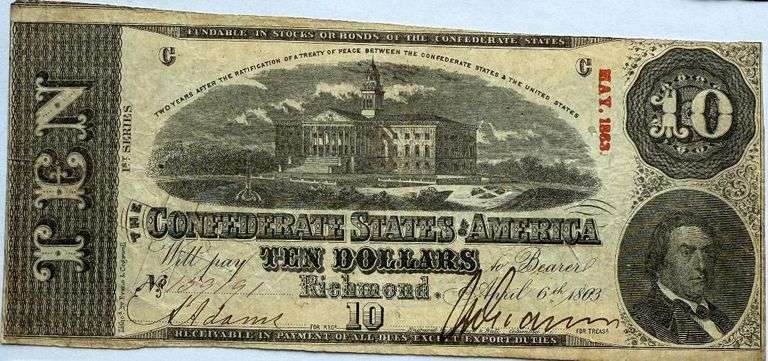 Choice April 6 1863 $10 CSA Note