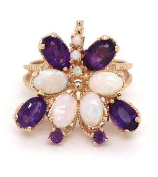 10kt Yellow gold amethyst and opal cluster butterfly ring