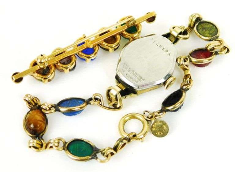 Vintage Gold Filled Bulova Scarab Watch Bracelet & Pin