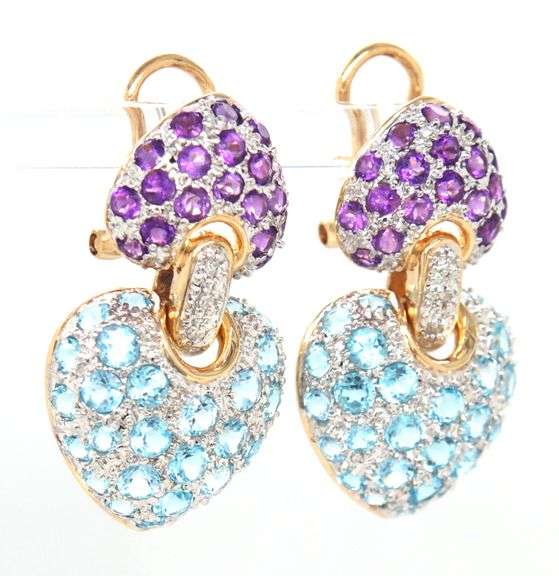 14kt Yellow gold blue topaz and amethyst heart dangle earrings