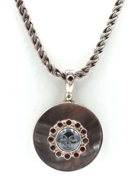 925 Sterling Silver Sajen Autehntic Carved Moon Face Pendant With Chain