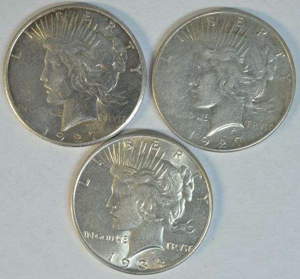 3 Better date Peace Silver Dollars in high grades: 1927, 27-S, & 34