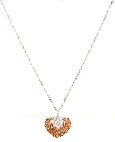 18kt White gold citrine and diamond pave heart shaped pendant on chain