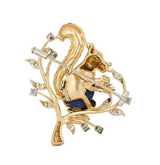 0.20ctw Diamond, 0.17ctw Sapphire and Lapis Lazuli Squirrel Brooch in 18K