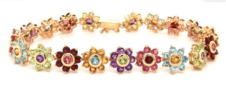 14kt Yellow gold multi gemstone flower link bracelet