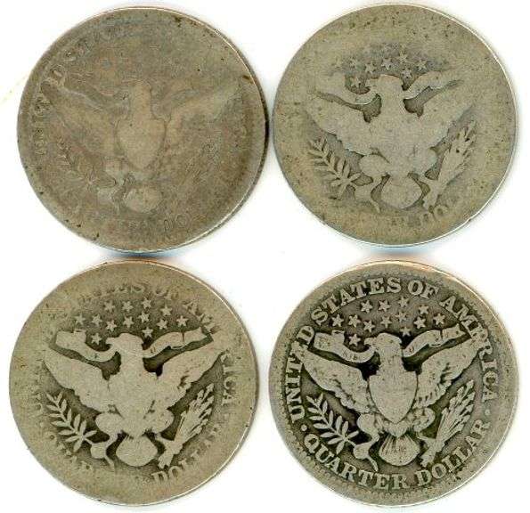 4 Different Barber Silver Quarters: 1900-1914