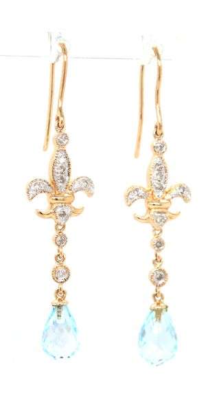 14kt Yellow gold blue topaz and diamond Fluer De Lis dangle earrings