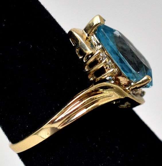 Angelic 10k Yellow Gold Blue Topaz Gemstone  and Diamond Ring