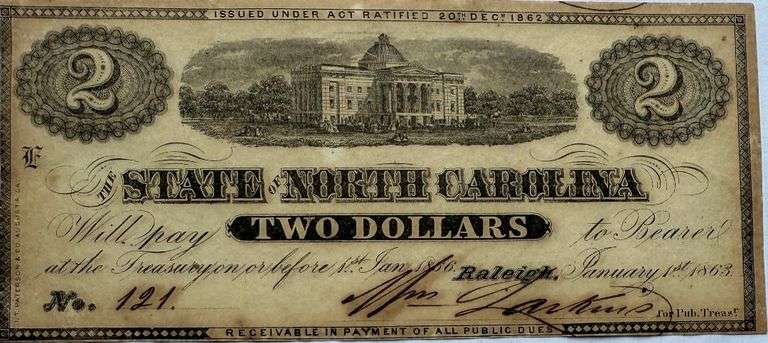 $ 2 State of North Carolina Jan 1 1863 Series Note