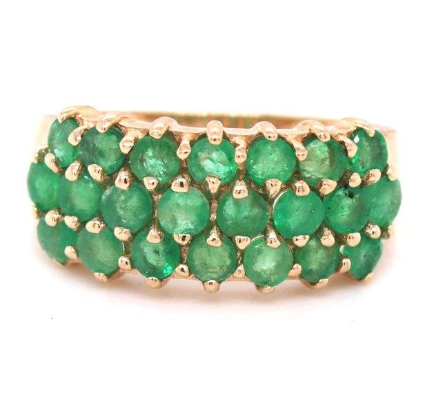 10kt Yellow gold round emerald cluster 3 row ring