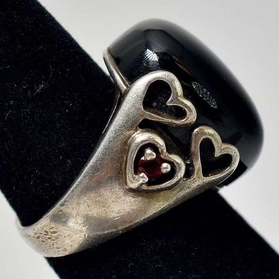 Black Onyx and Red Garnet Gemstone Ring in Sterling Silver