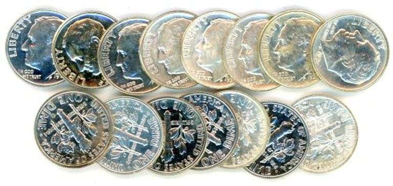 15 Assorted BU and Proof Silver Roosevelt Dimes