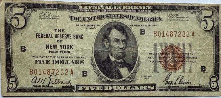 $5 Fed Bank New York NY 1929 National Currency Note