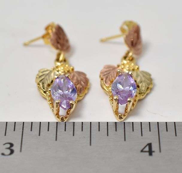 Elegant 10K Yellow Gold Purple CZ Gemstone Dangle Earrings