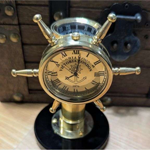 Brass Ship Wheel Compass & Clock