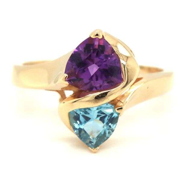 14kt Yellow gold trillion amethyst and blue topaz cross over ring