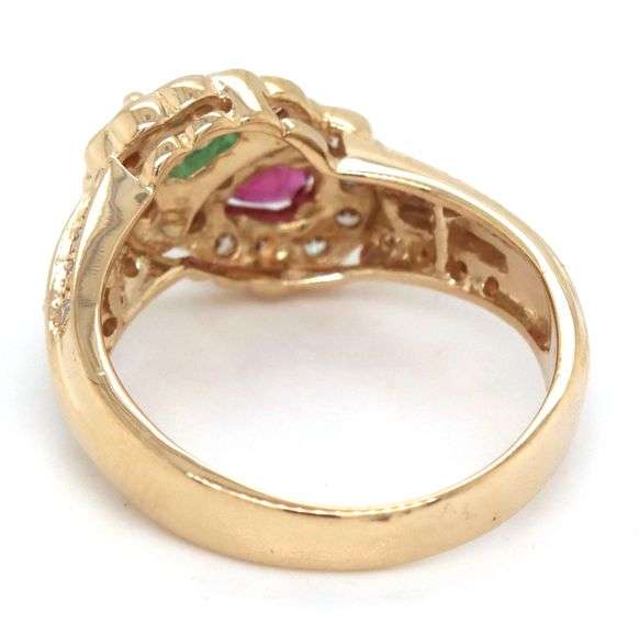 14kt Yellow gold ruby, emerald and diamond bypass ring