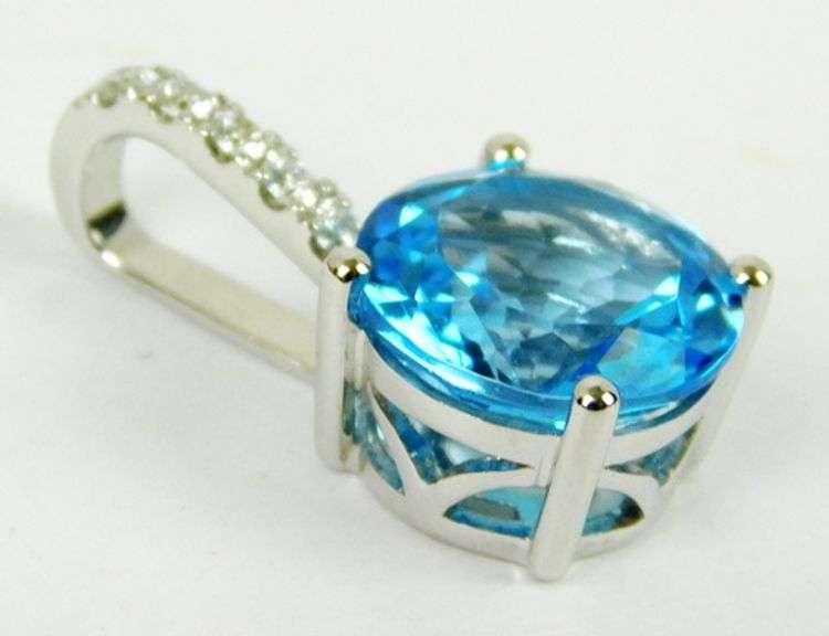JLJ - 14K Large 10MM Blue Topaz & Diamonds Pendant
