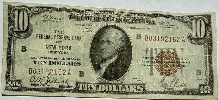 $10 Fed Reserve Bank NY NY Series 1929 Brown Seal National Currency Note.