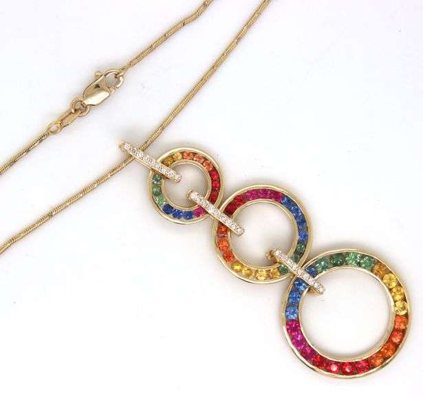 14kt Yellow gold Chameleon multi gemstone and diamond triple circle exchangeable drop pendant on cha