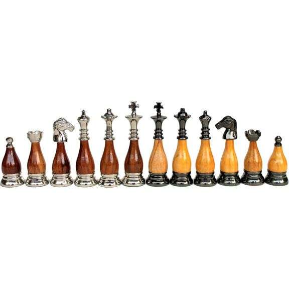 Brass and Wood Hand-Carved Chess Pieces Set