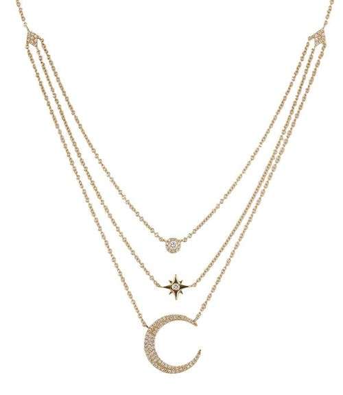 0.25ctw Pave Diamond Moon and Star Triple Layers Necklace in 14K