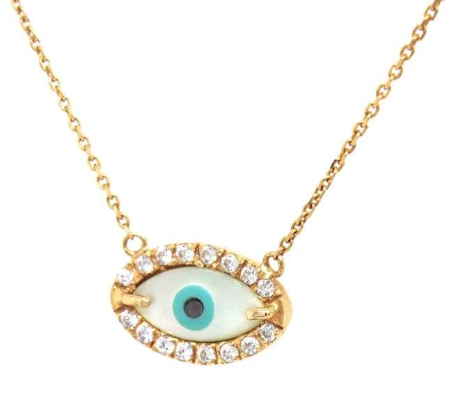 14kt Yellow gold mother of pearl and CZ evil eye necklace