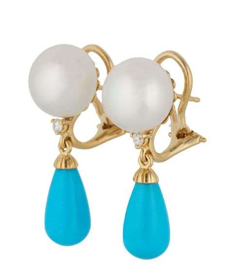 11.0MM Button Pearl Turquoise and 0.03ctw Diamond Accent Drop Earrings in 18K