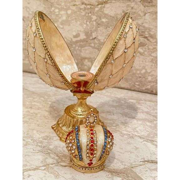 24kt Gold Fabergé Style Jeweled Crown Egg 333 Austrian Crystals